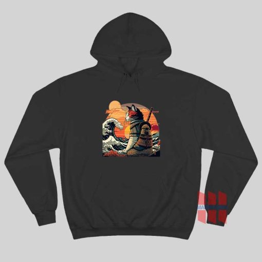 Japanese Retro Samurai Cat The Great Wave Hoodie