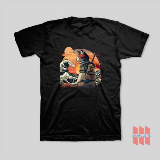 Japanese Retro Samurai Cat The Great Wave T-Shirt